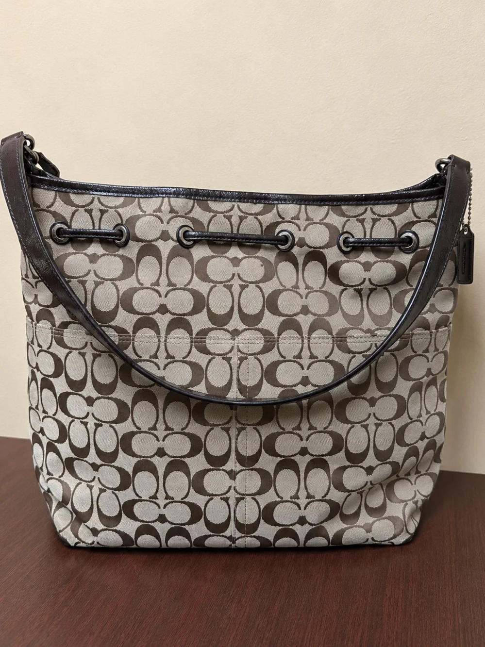 Coach Signature Canvas Drawstring Shoulder Bag in Brown and Cream